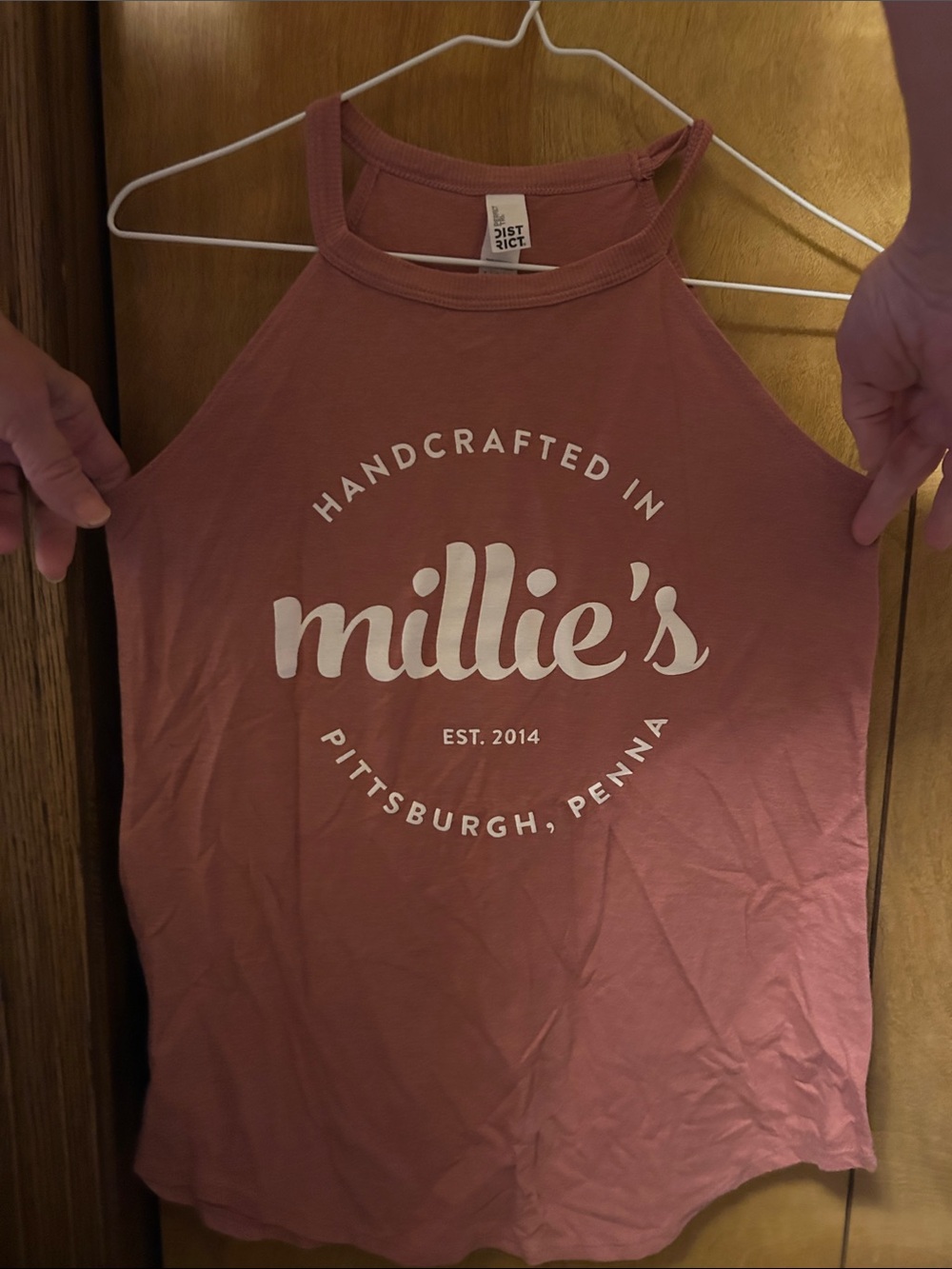 District Women's Mauve Pink Tank Top with White 'millie's' Logo